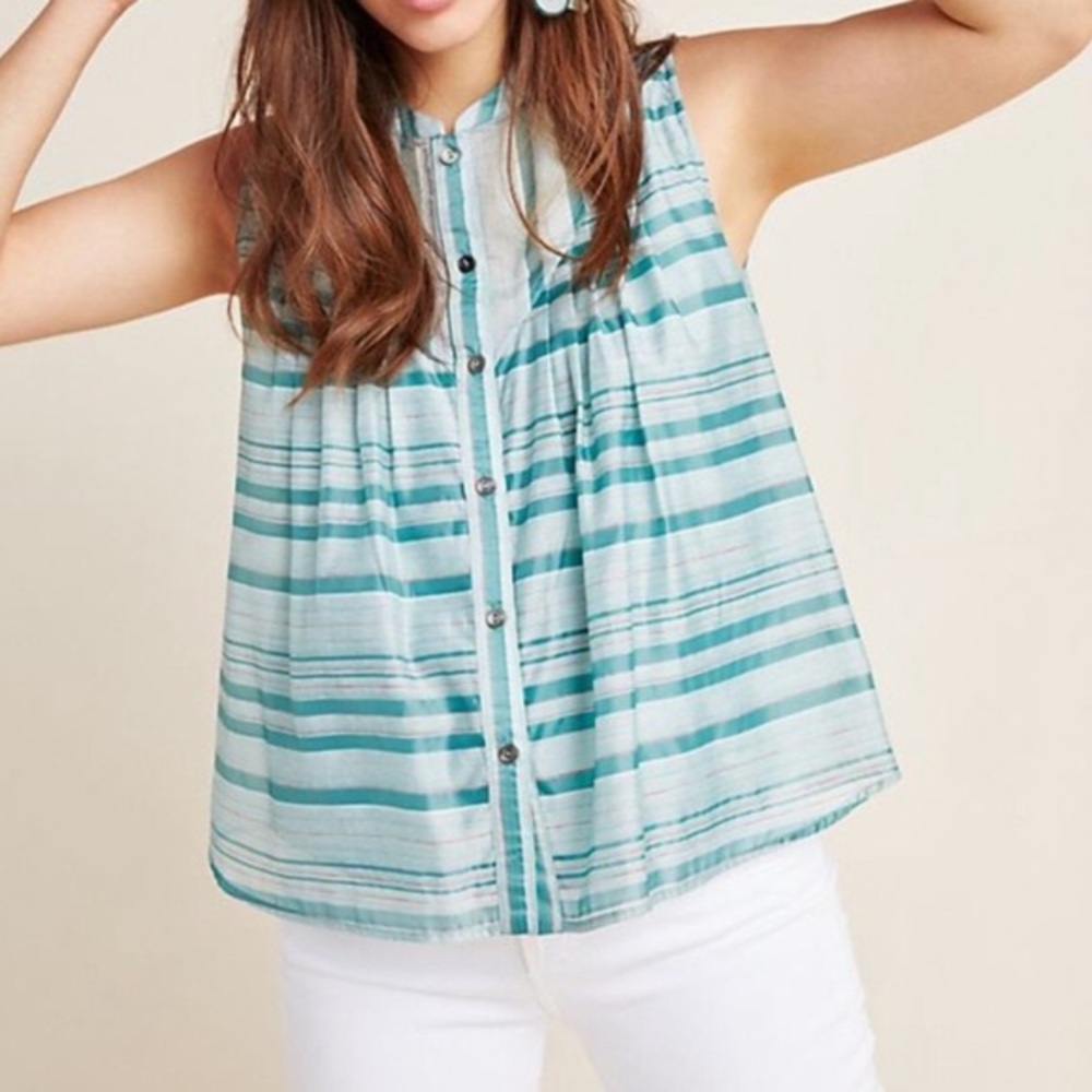 Anthropologie Teal Stripped Sleeveless Top